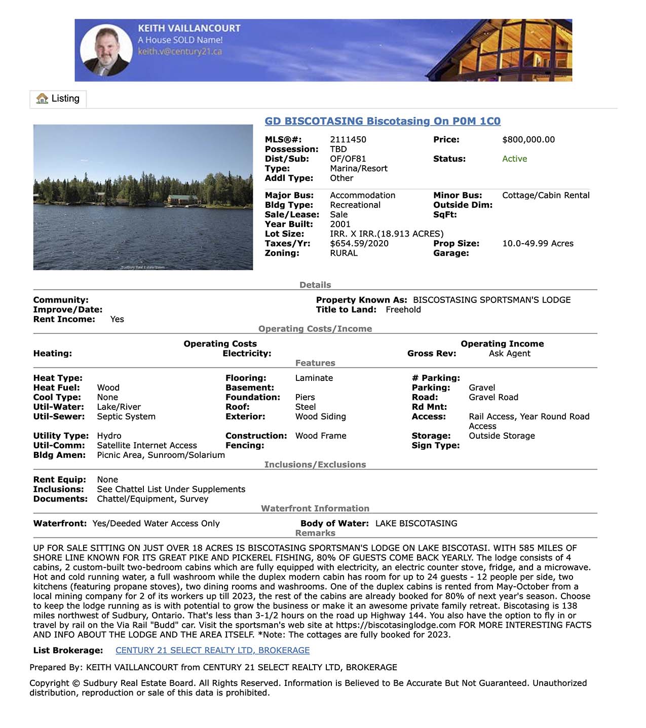 Image link to the Biscotasing Sportsman Lodge is For Sale Client Listing Sheet PDF